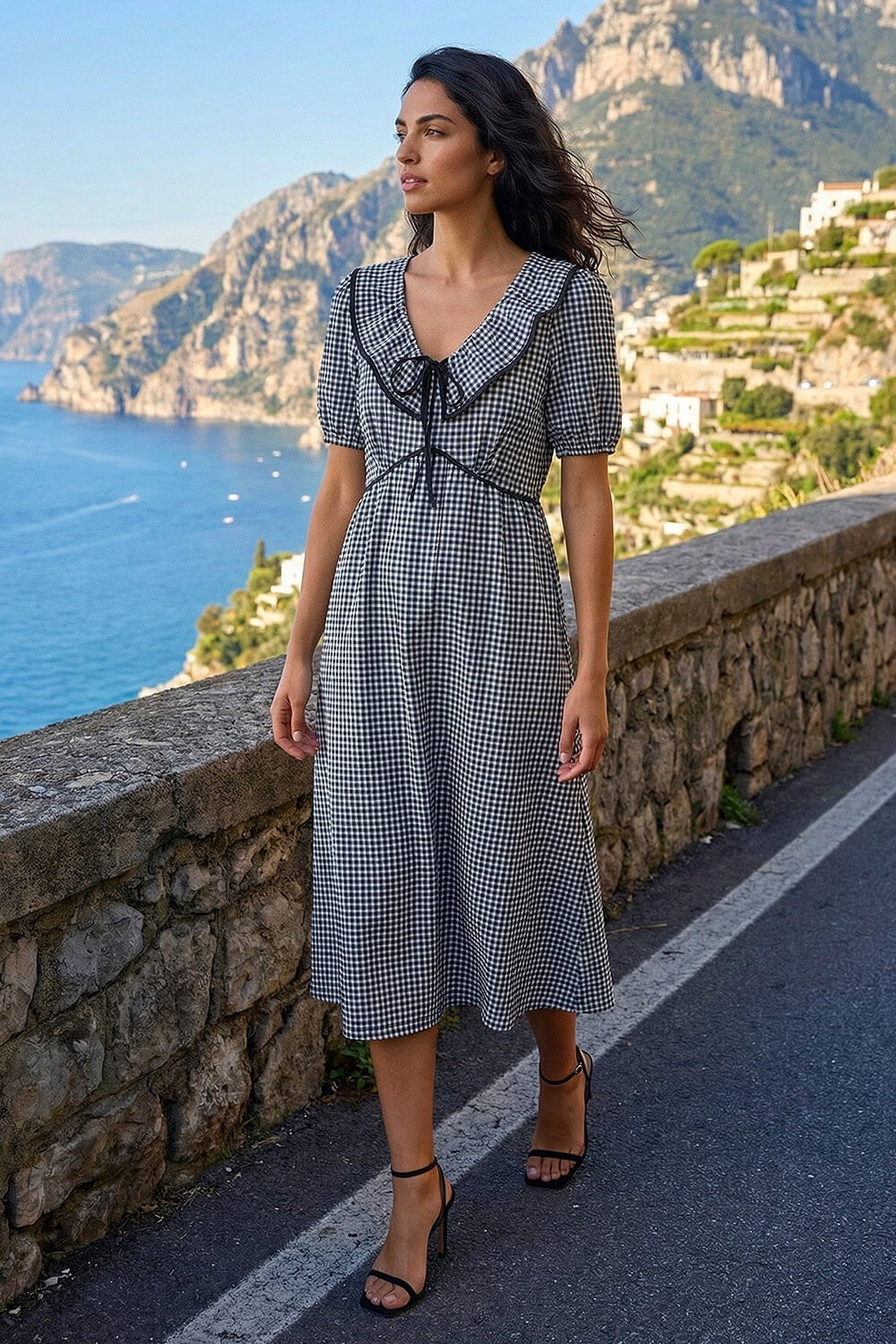 Black Gingham Midi Dress With Ruffled Collar Black Gingham Midi Dress With Ruffled Collar — Gingham Dress