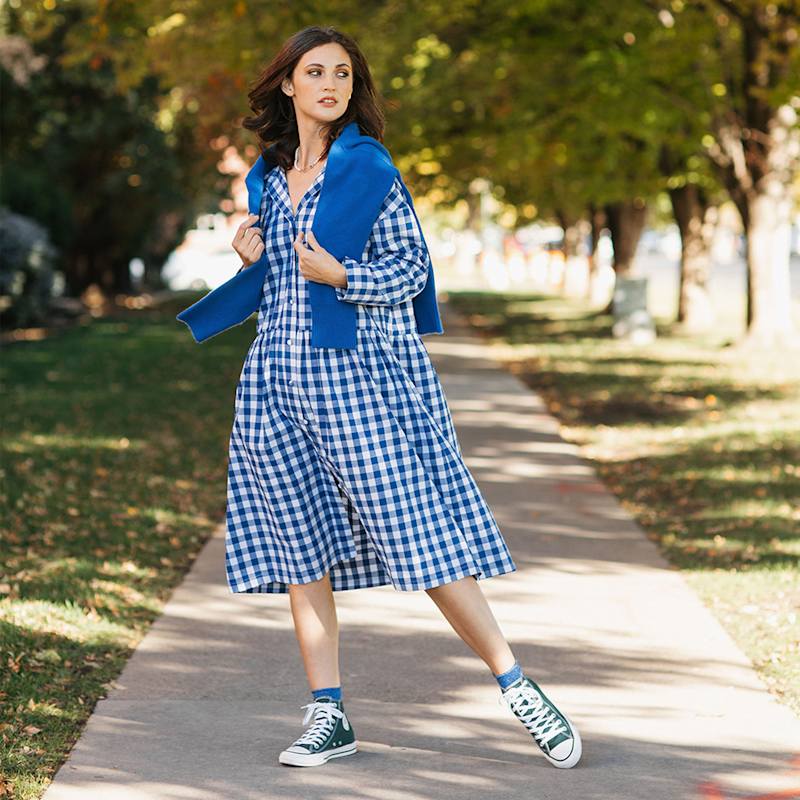 Blue Gingham Shirt Dress With Contrasting Sweater Blue Gingham Shirt Dress With Contrasting Sweater — Gingham Dress