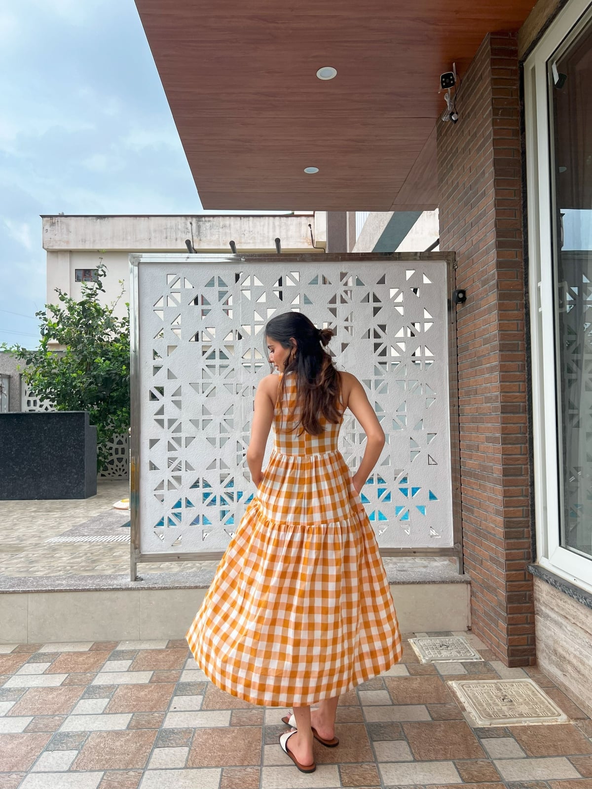 Orange Gingham Tiered Midi Dress For Outdoor Events Orange Gingham Tiered Midi Dress For Outdoor Events — Gingham Dress