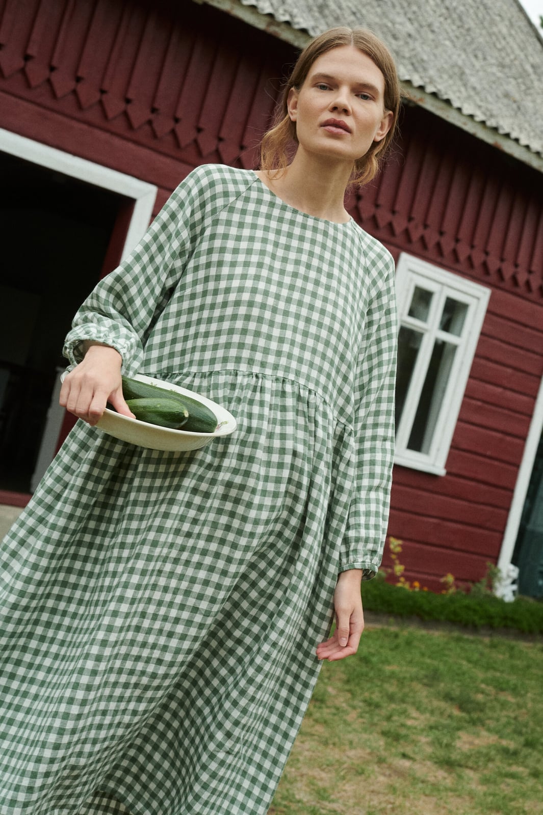 Green Gingham Linen Babydoll Dress For Casual Outdoors Green Gingham Linen Babydoll Dress For Casual Outdoors — Gingham Dress