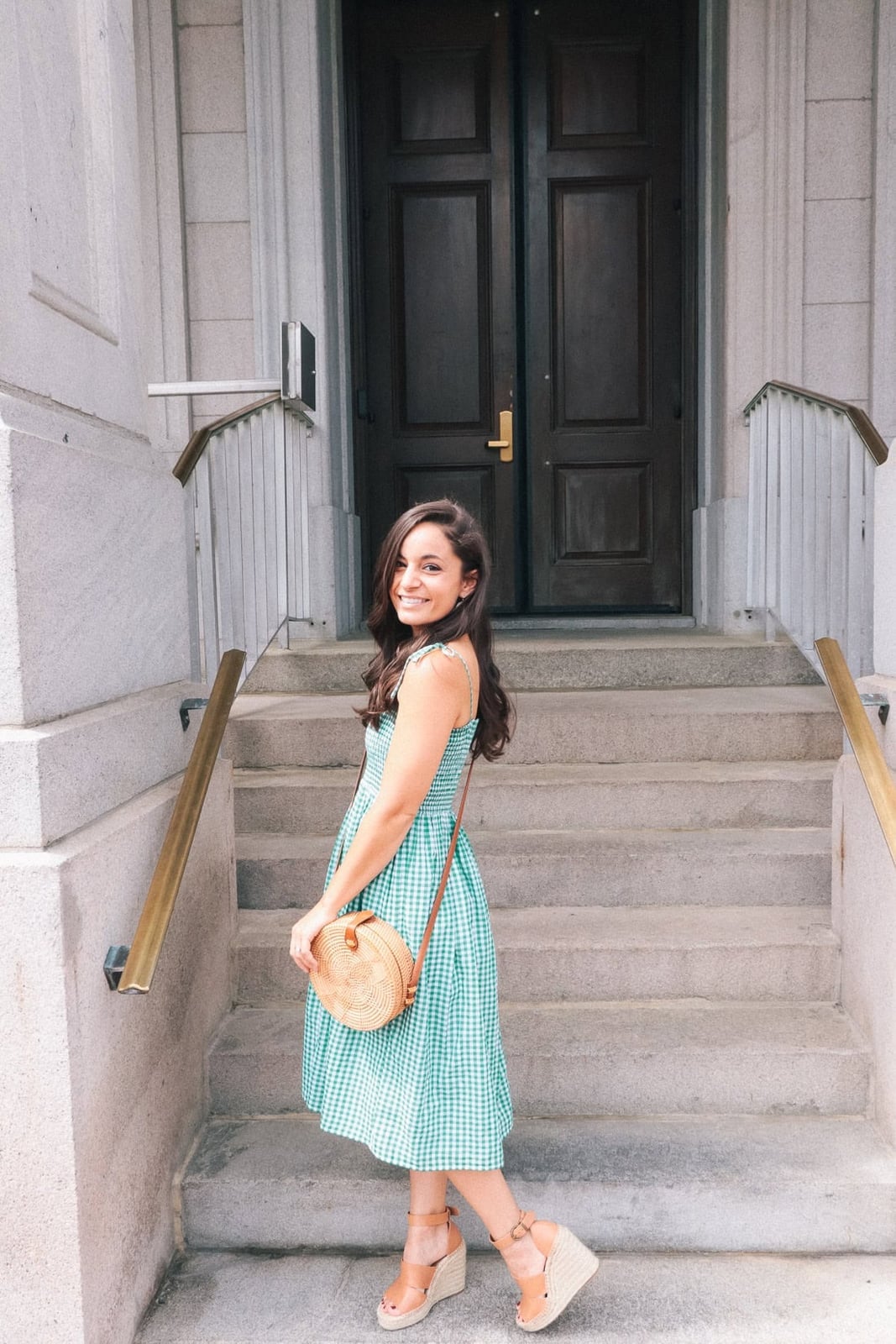 Green Gingham Fit And Flare Midi Dress With Straw Bag Green Gingham Fit And Flare Midi Dress With Straw Bag — Gingham Dress