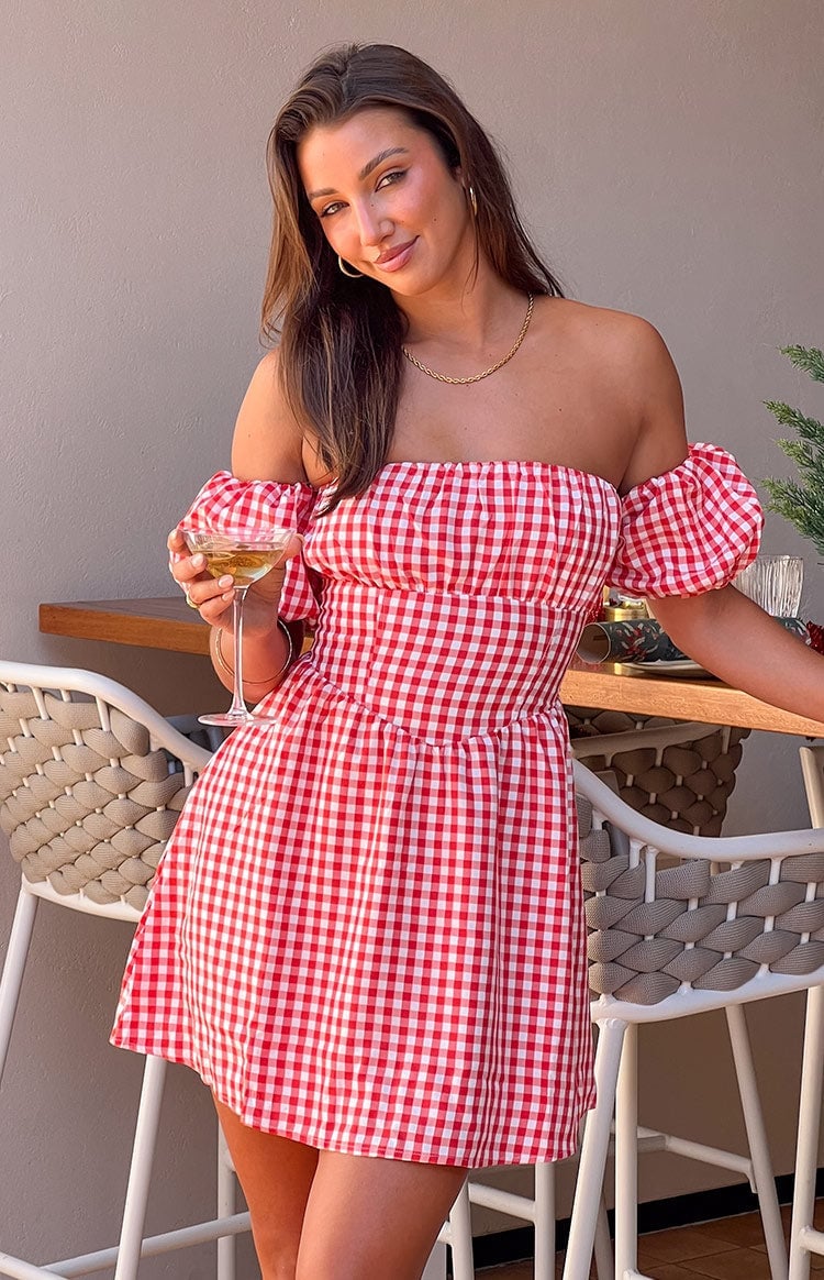 Red Gingham Off-The-Shoulder Dress For Parties Red Gingham Off-The-Shoulder Dress For Parties — Gingham Dress