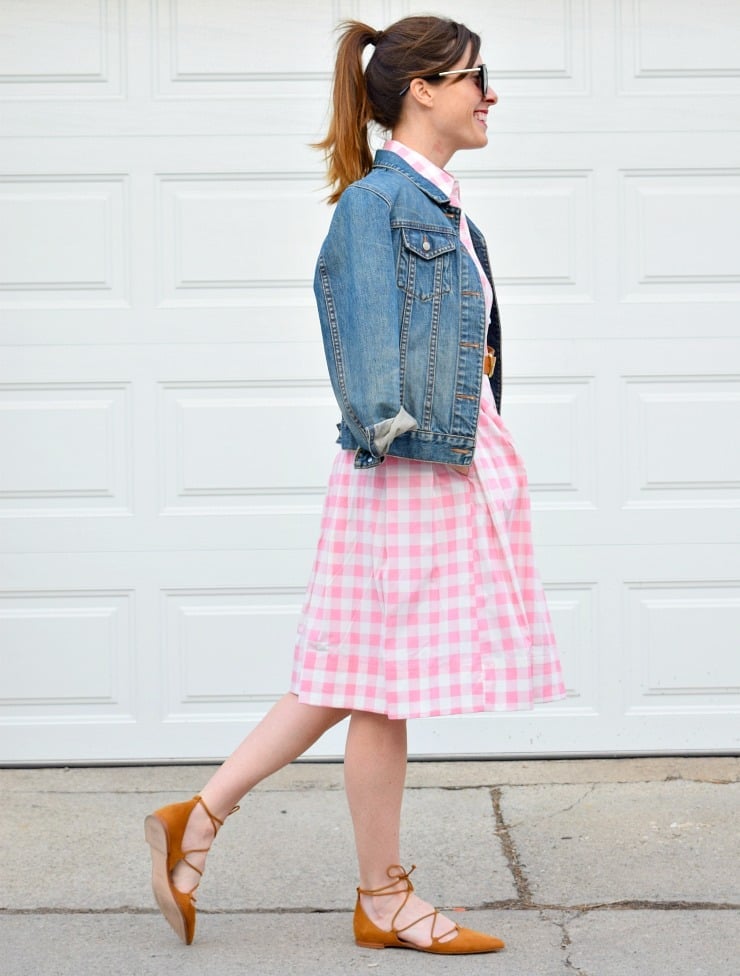 Pink Gingham Midi Dress With Denim Jacket Pink Gingham Midi Dress With Denim Jacket — Gingham Dress