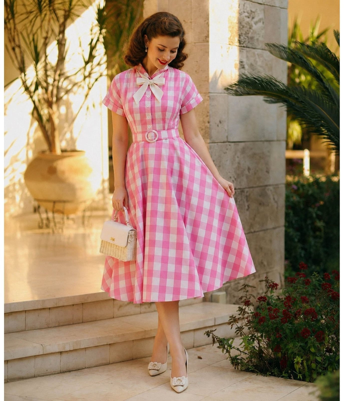 Pink Gingham Fit And Flare Dress With Belt Pink Gingham Fit And Flare Dress With Belt — Gingham Dress