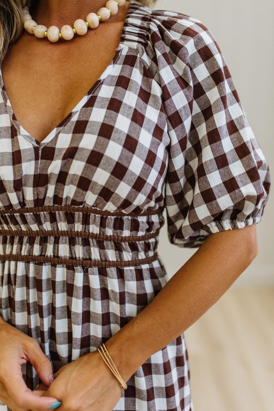Brown Gingham Dress With Smocked Waist Detail Brown Gingham Dress With Smocked Waist Detail