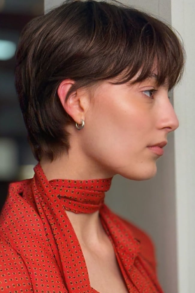 Brunette Pixie With Wispy Curtain Bangs Brunette Pixie With Wispy Curtain Bangs — Girl Pixie