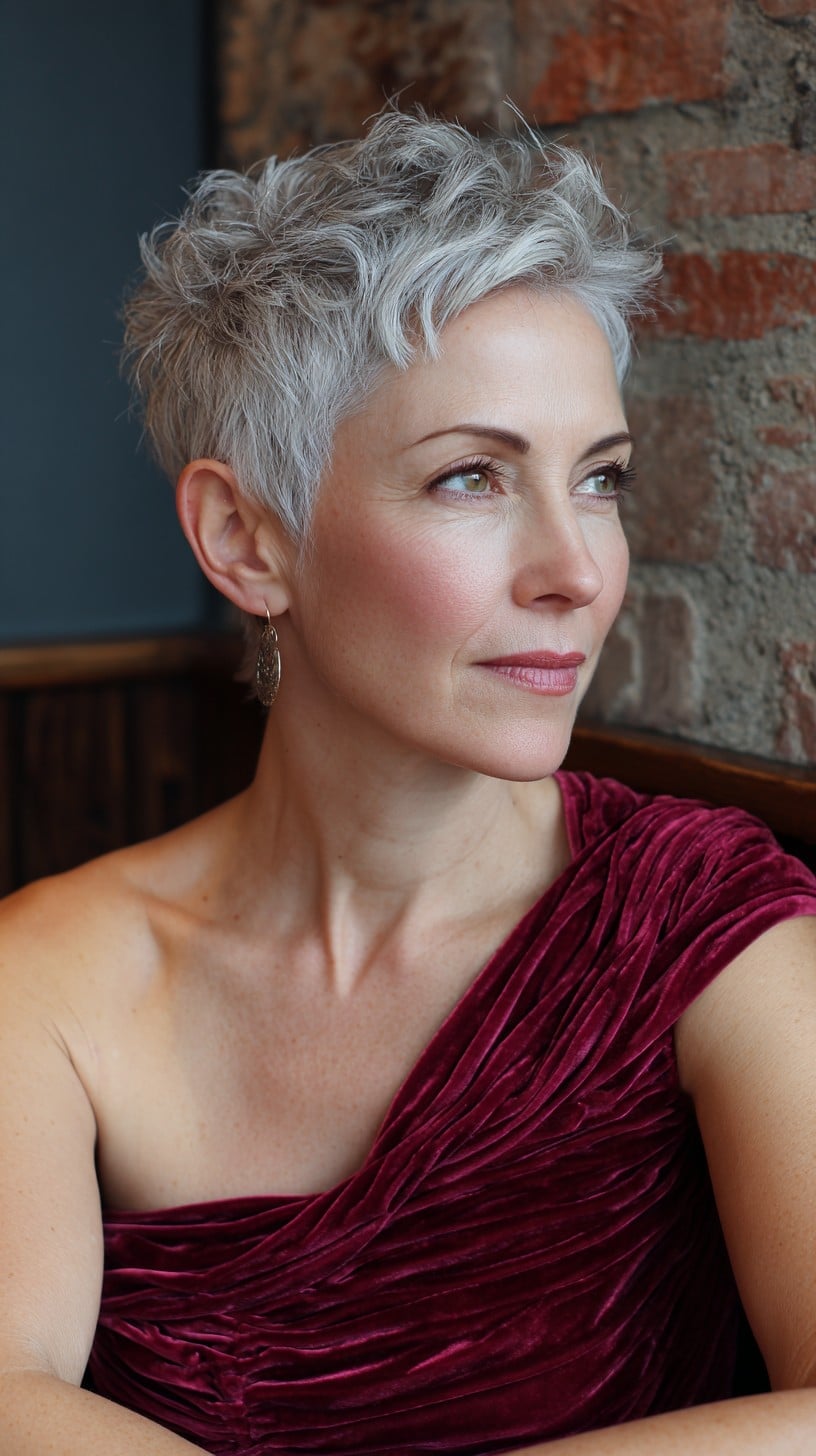 Silver Gray Pixie With Choppy Bangs Silver Gray Pixie With Choppy Bangs — Girl Pixie