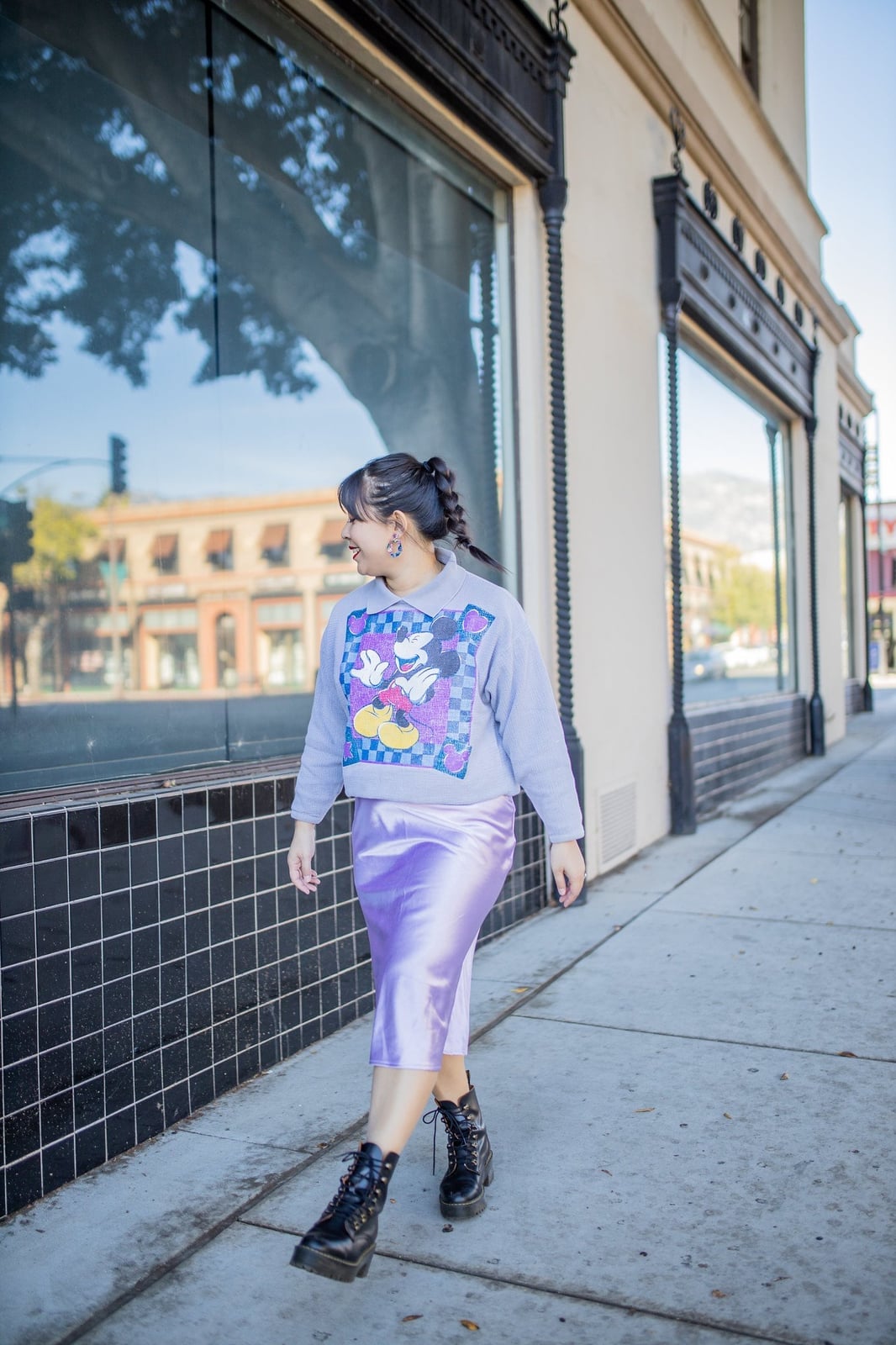 Gray Mickey Mouse Sweatshirt and Purple Satin Skirt Gray Mickey Mouse Sweatshirt and Purple Satin Skirt — Girly Outfits