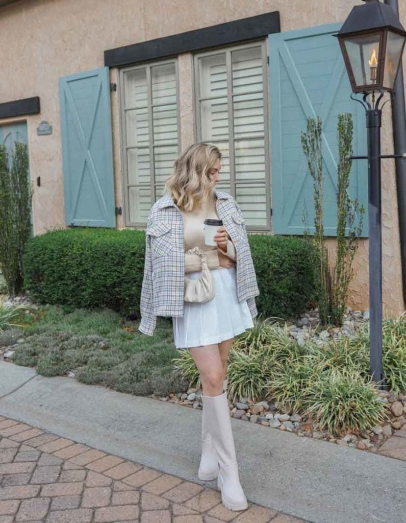Plaid Jacket over Beige Top and Pleated Mini Skirt Plaid Jacket over Beige Top and Pleated Mini Skirt — Girly Outfits
