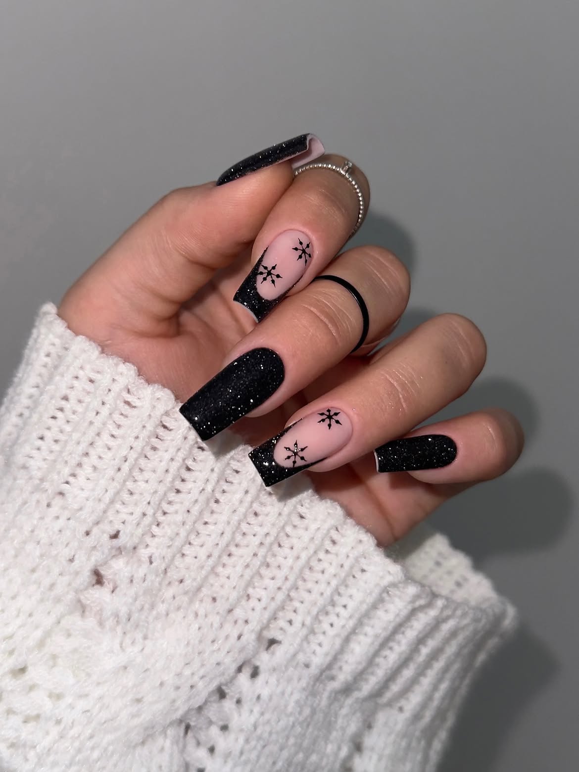 Glitter Black French Tip Snowflake Coffin Nails