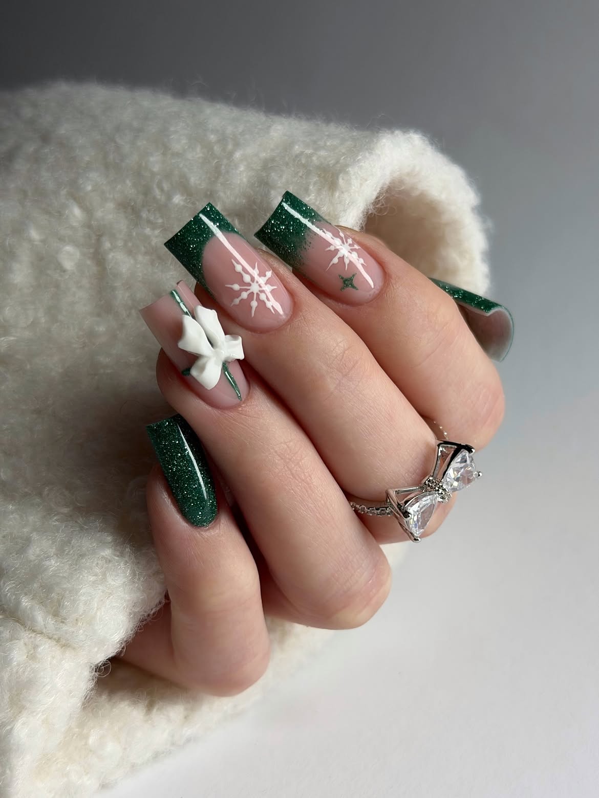 Glitter Dark Green Winter Nails With Snowflakes