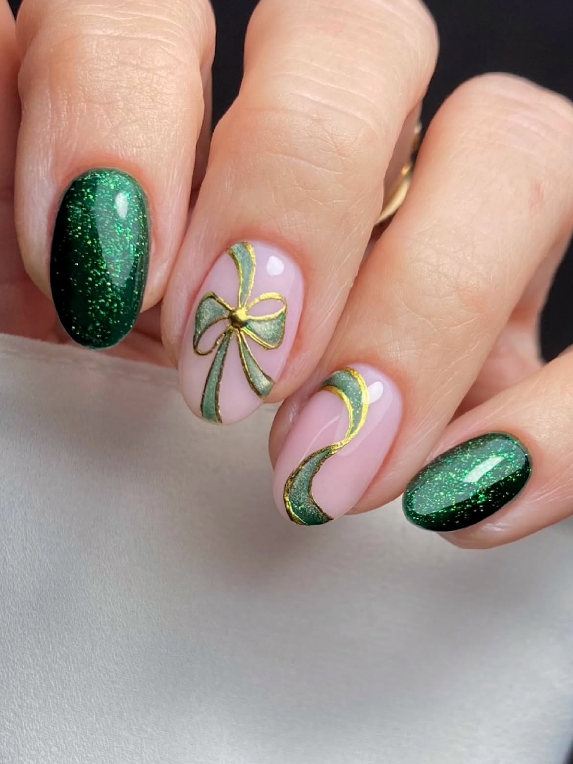 Glitter Emerald Green and Pink Bow Christmas Nails