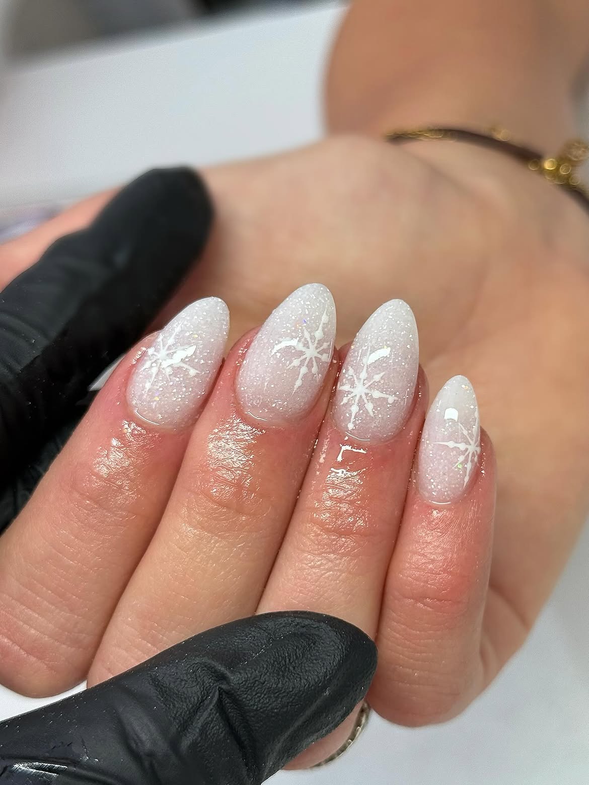 Glitter Ombre Almond Nails With Snowflakes