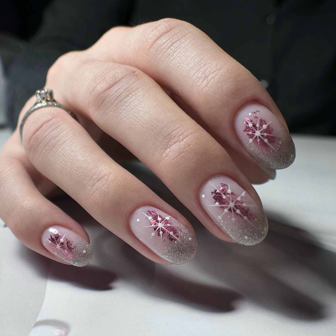Glittering Snowflakes On Milky French Ombre