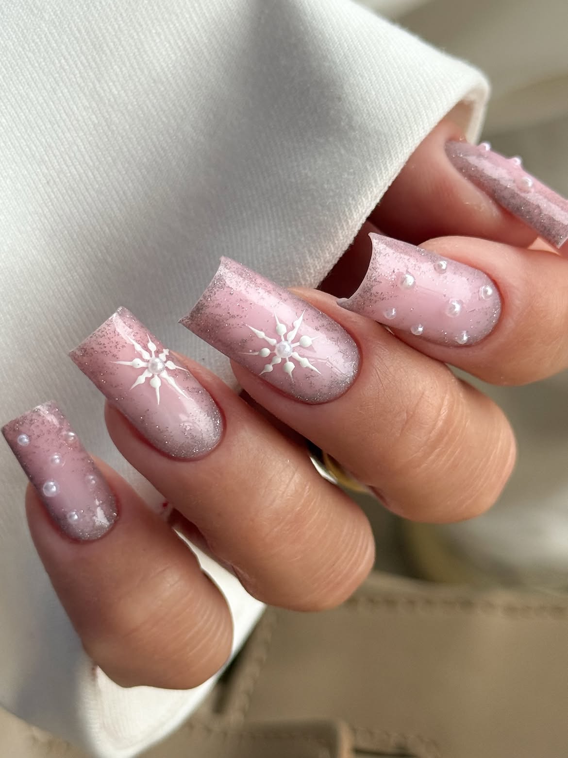 Glittery Pink Snowflake Coffin Nails With Pearls