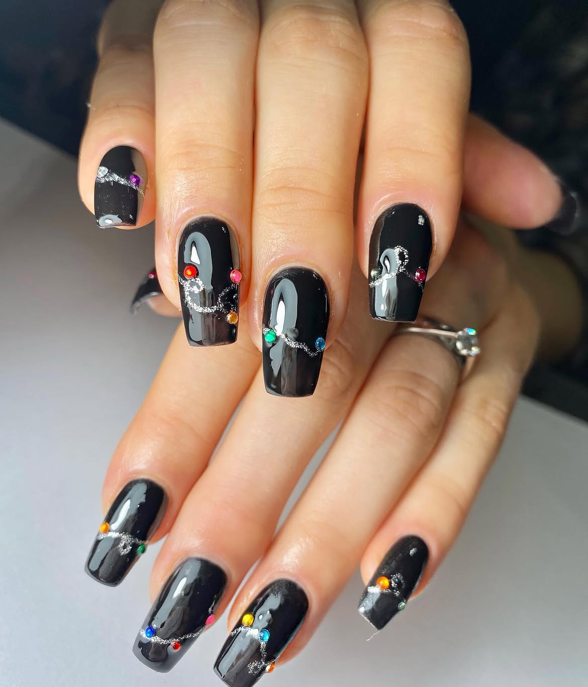 Glossy Black Christmas Lights Coffin Nails