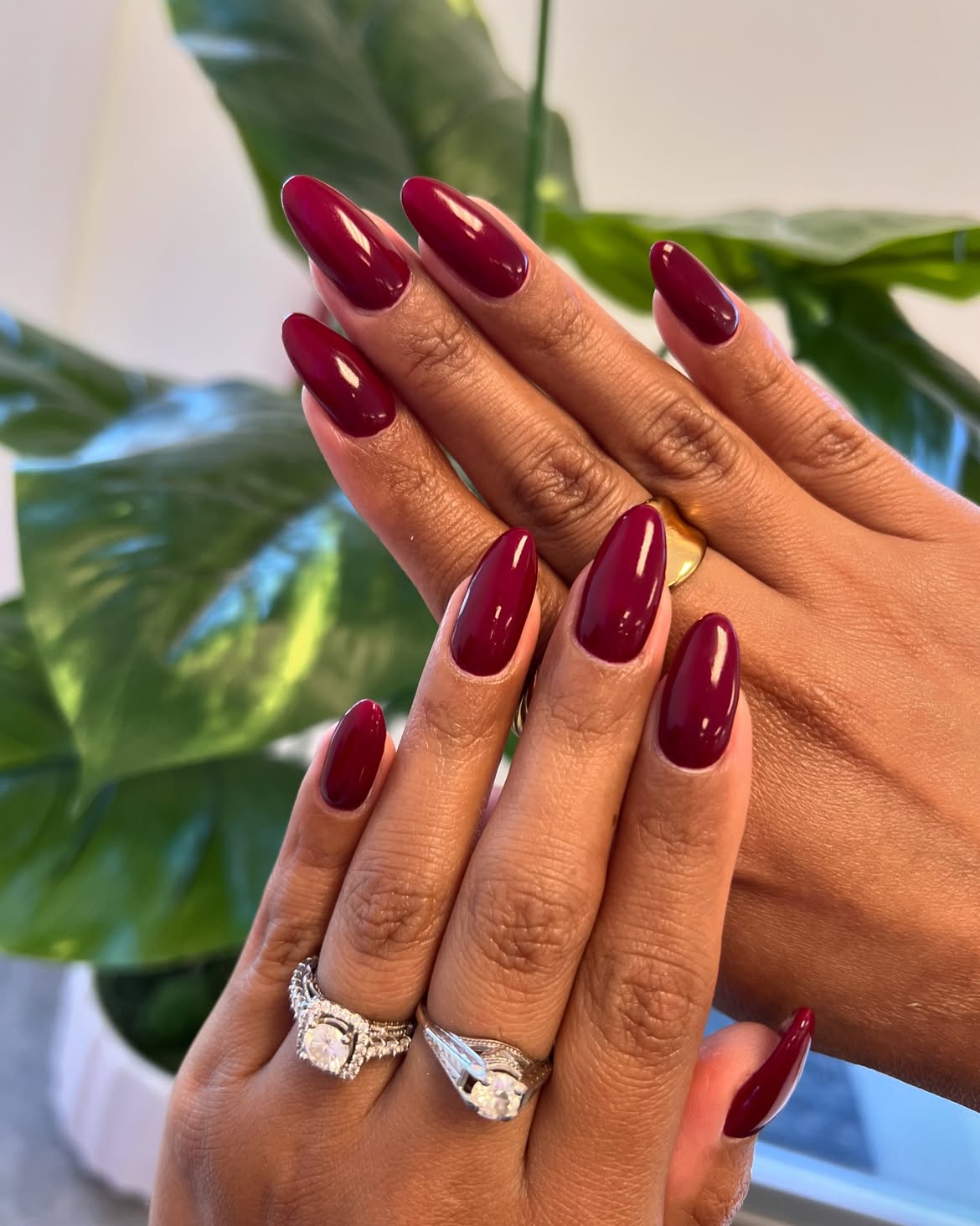 Glossy Burgundy Almond Winter Nail Color