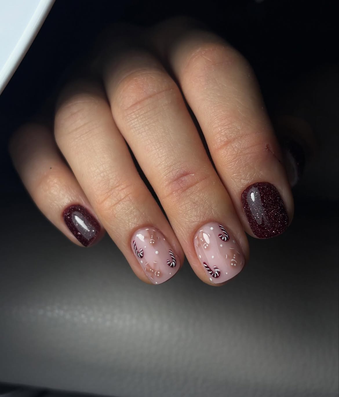 Glossy Burgundy And Gingerbread Christmas Nail Art