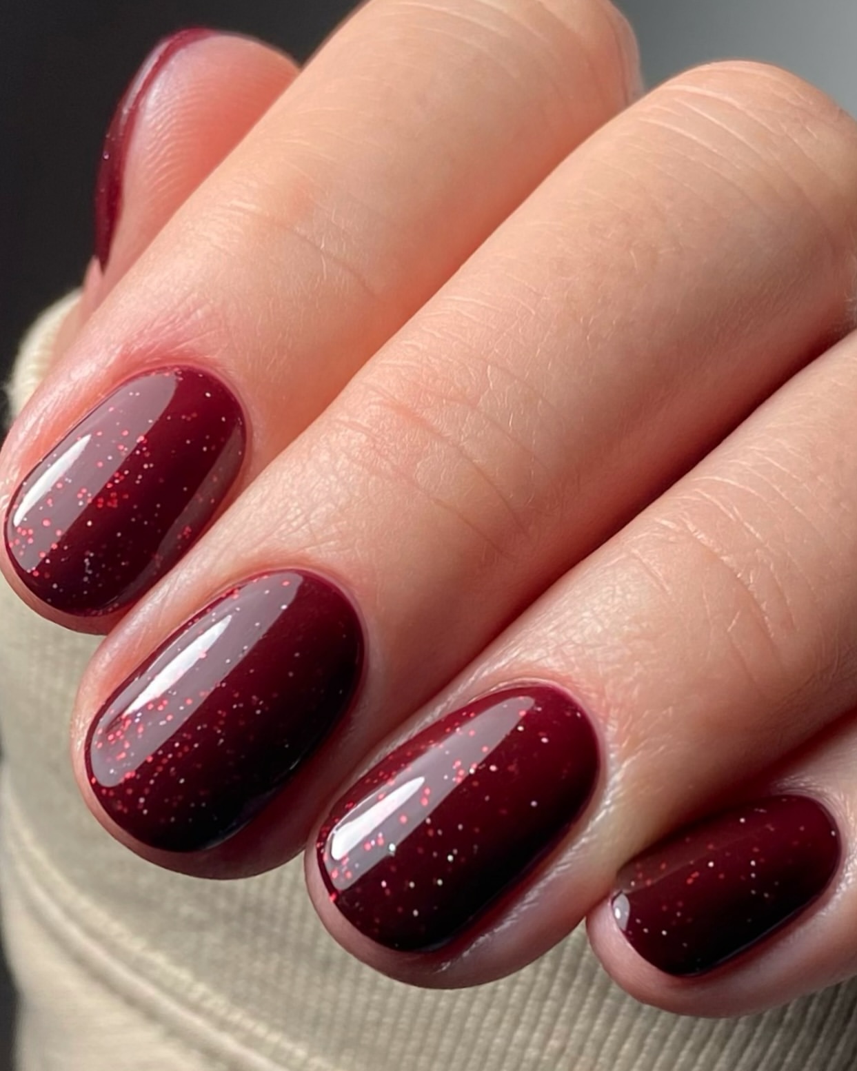 Glossy Burgundy Shimmer Short Oval Winter Nails