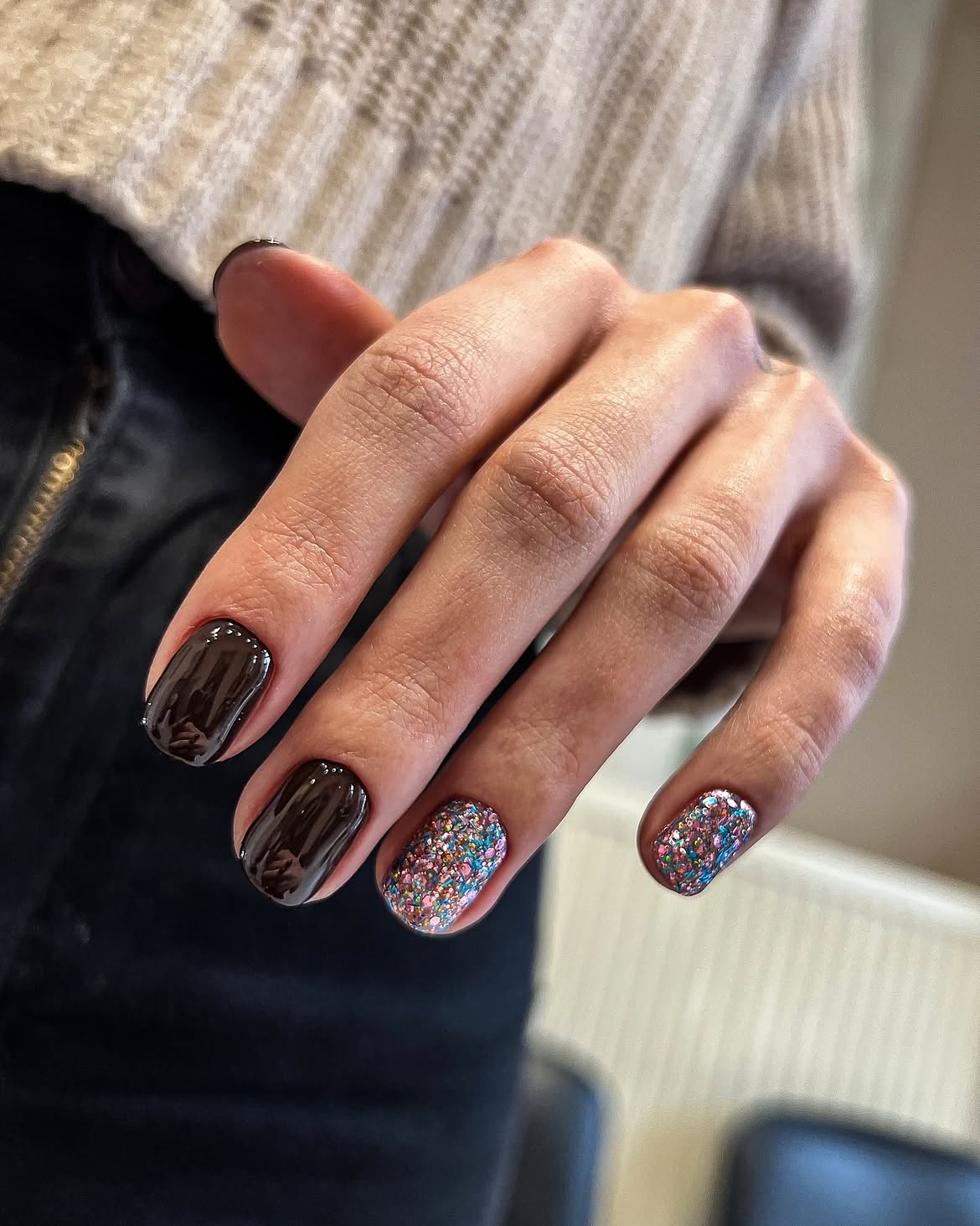Glossy Dark Brown and Multicolored Glitter Accent Short Nails