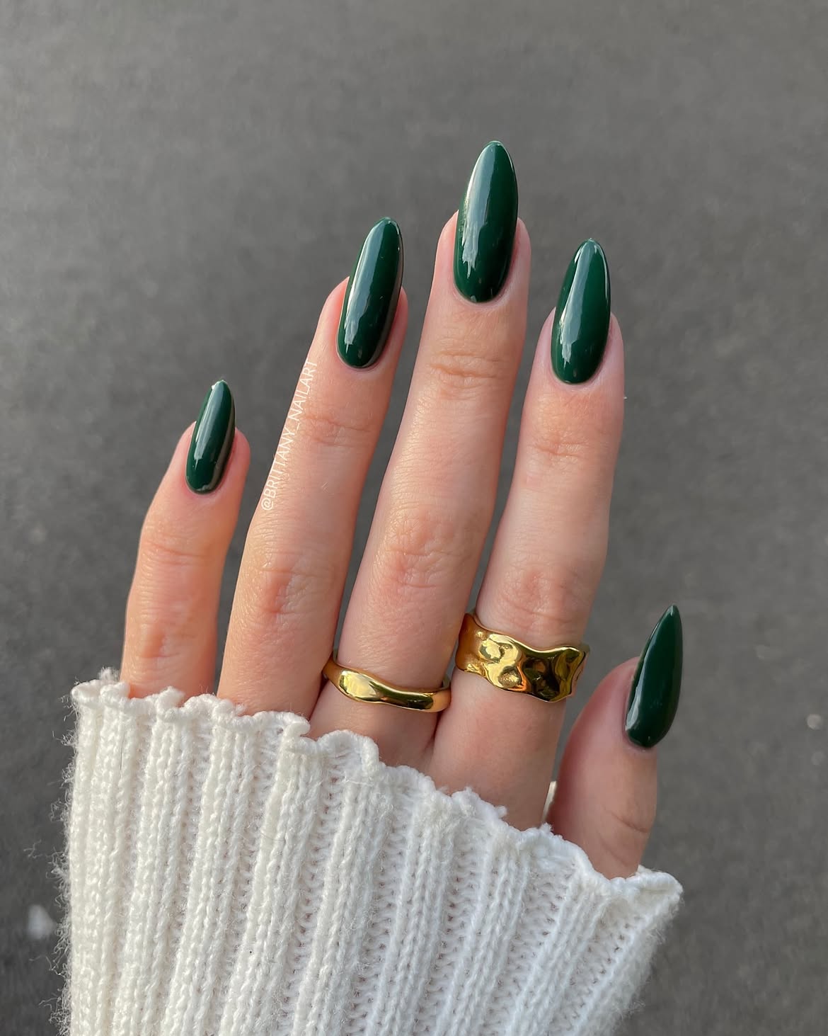 Glossy Dark Green Almond Winter Nails