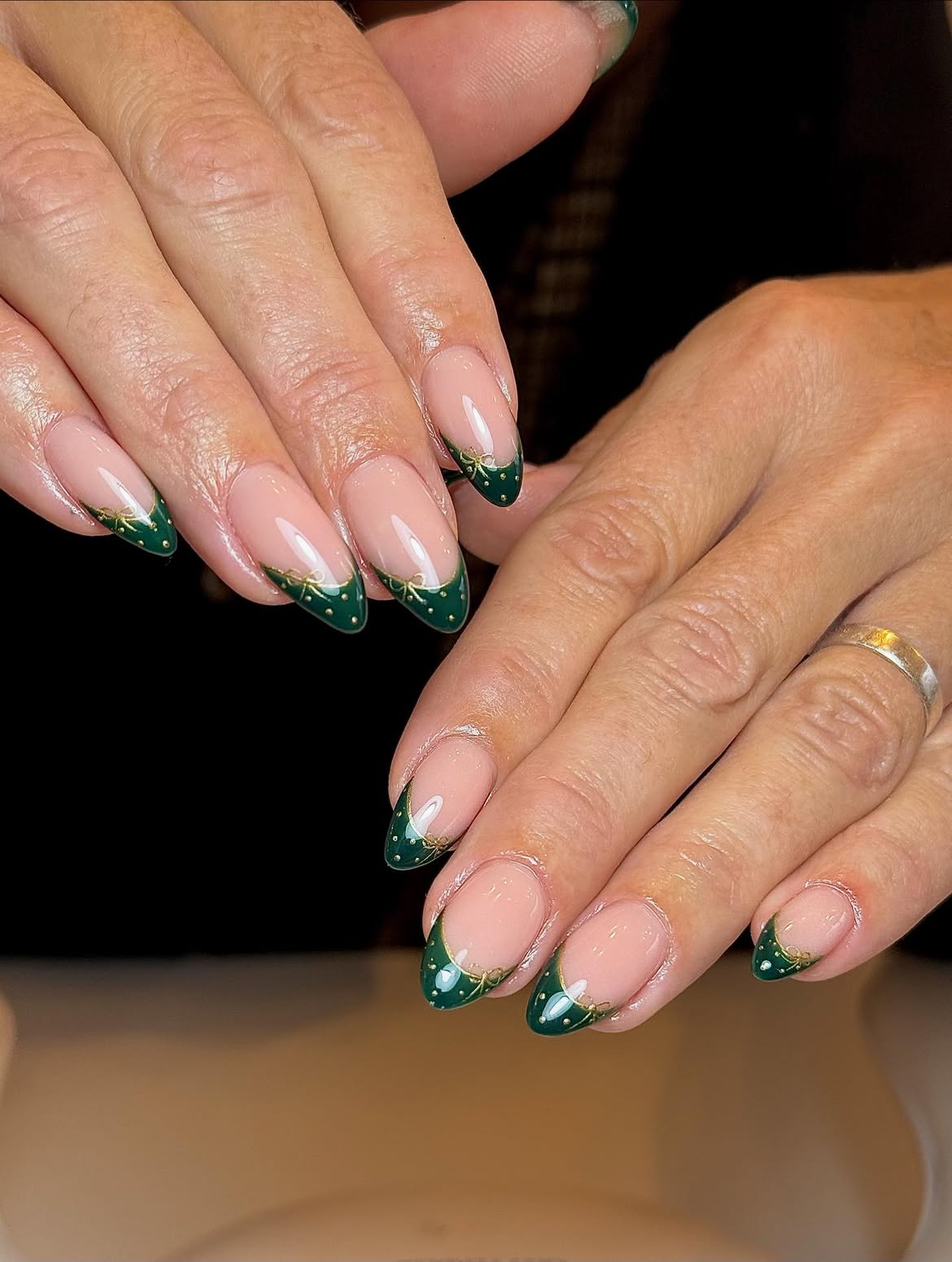 Glossy Dark Green French Tips With Gold Bows
