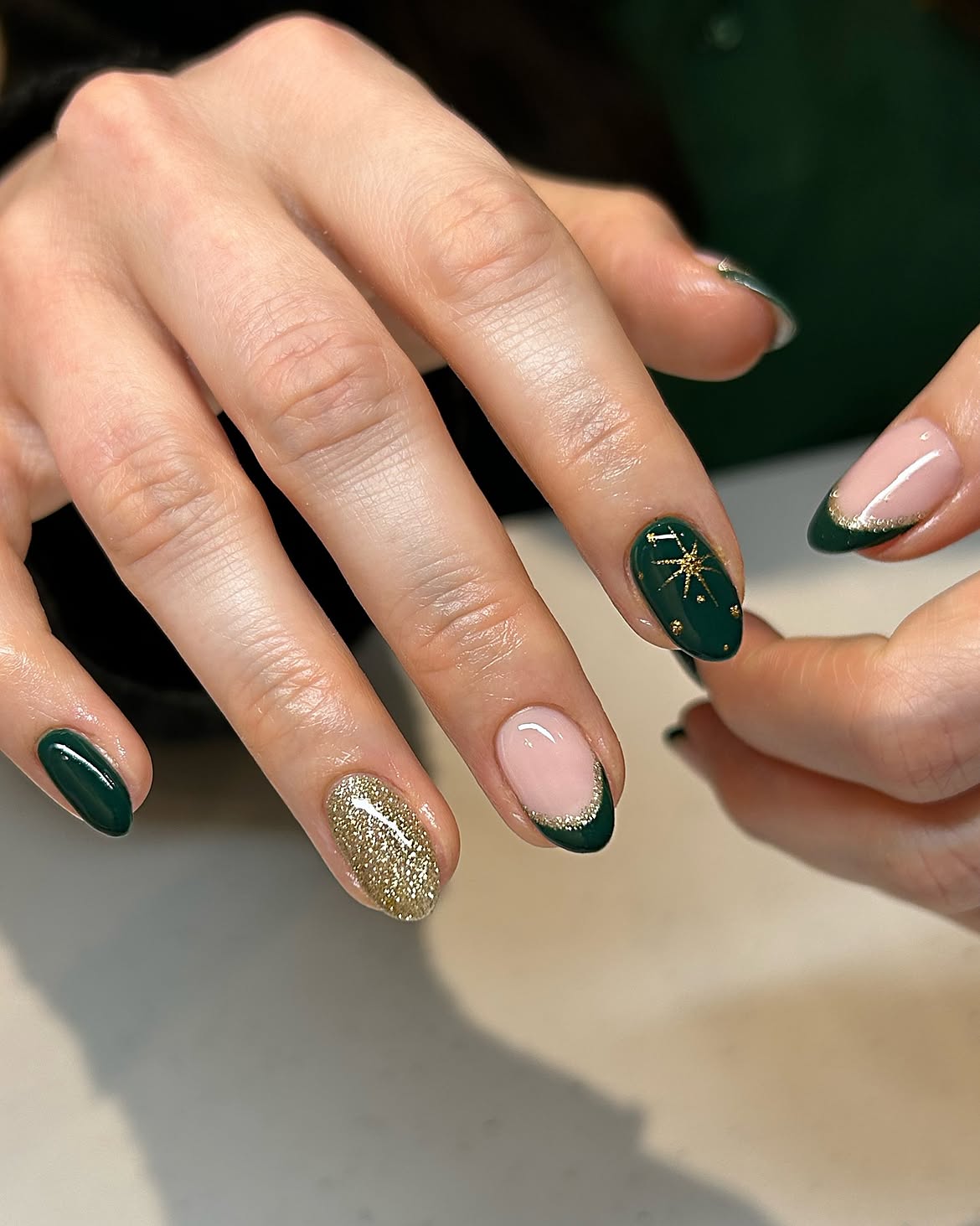 Glossy Dark Green Nails with Gold Constellation Art