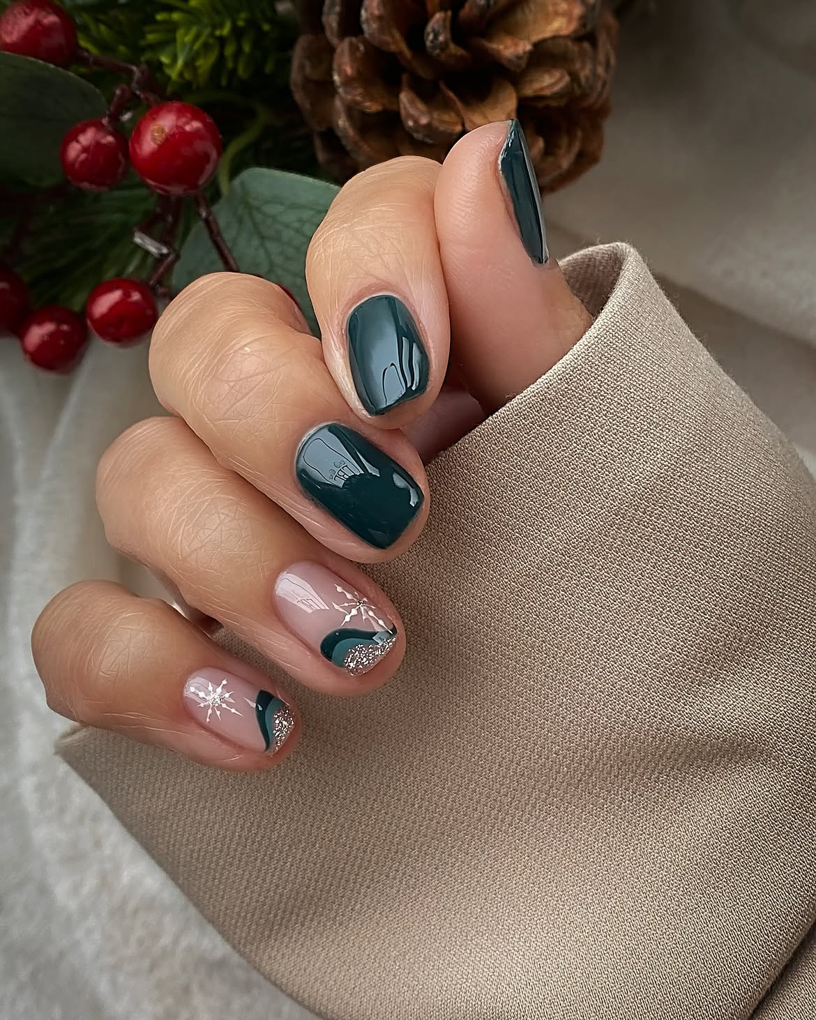 Glossy Dark Green Winter Nails With Snowflake Art