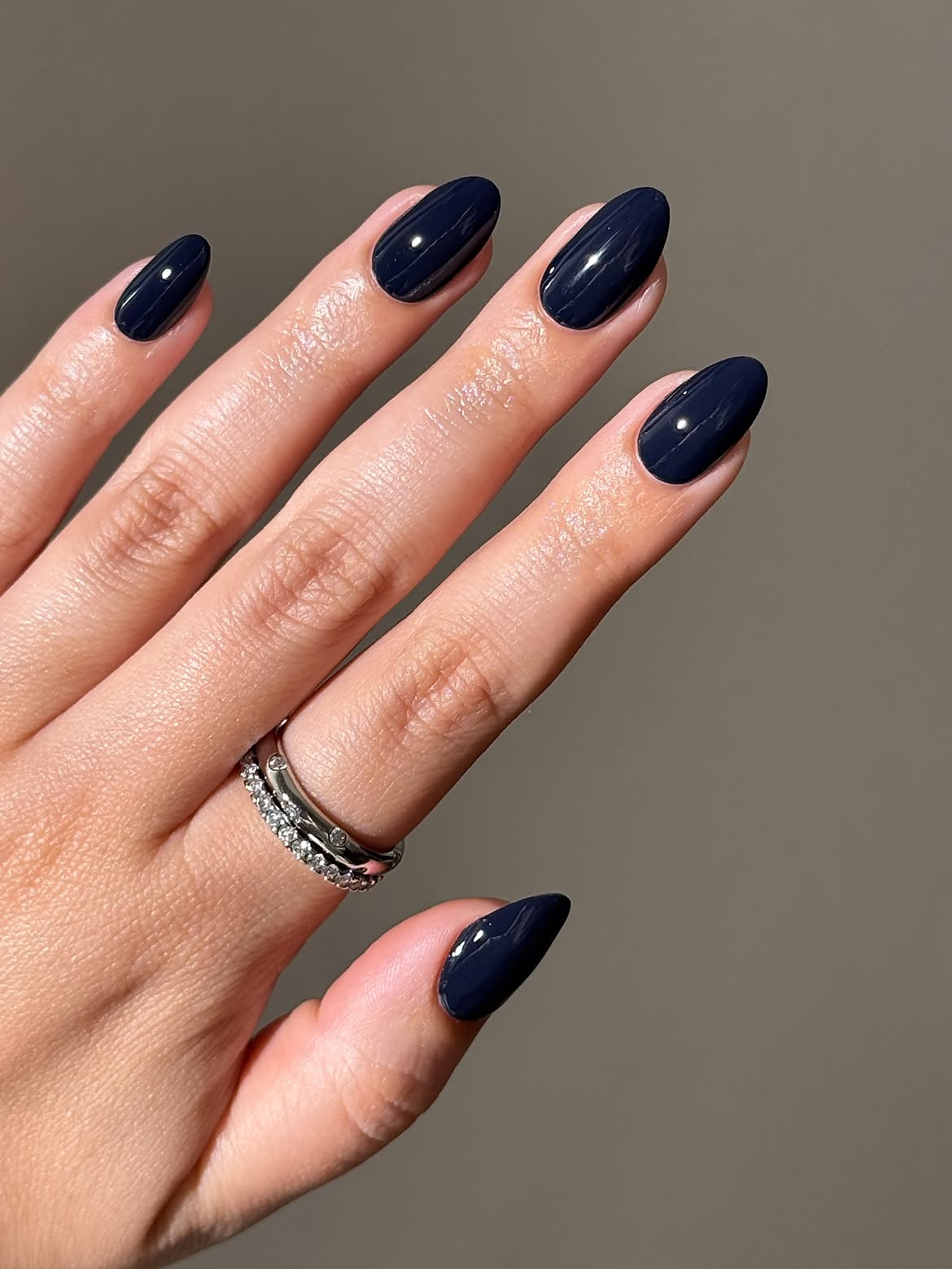 Glossy Dark Navy Blue Almond Winter Nails