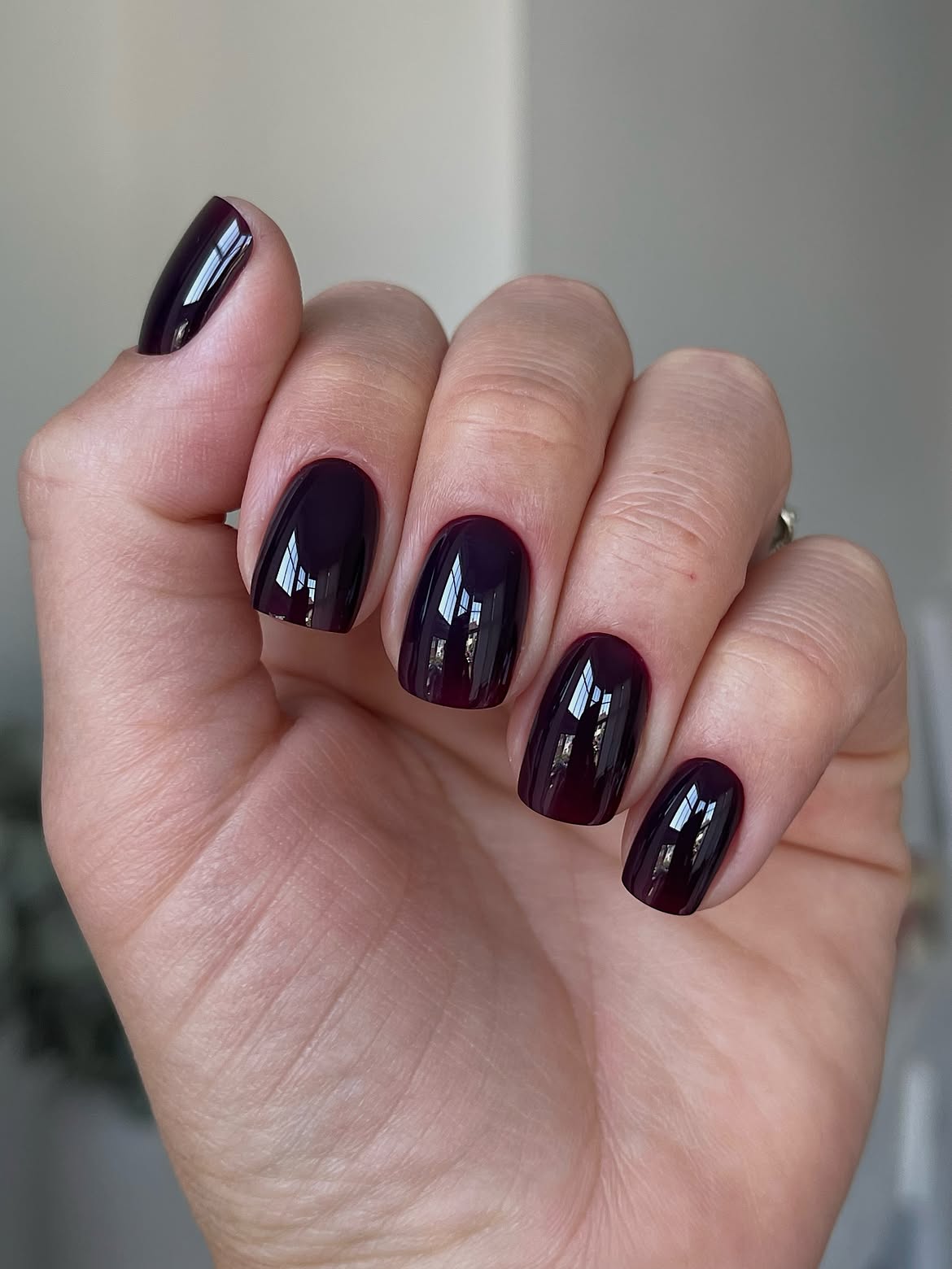 Glossy Dark Plum Short Square Nails