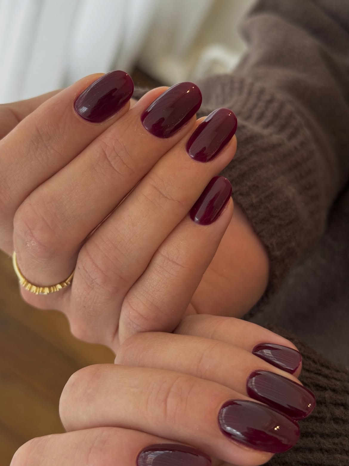 Glossy Deep Burgundy Oval Winter Nails