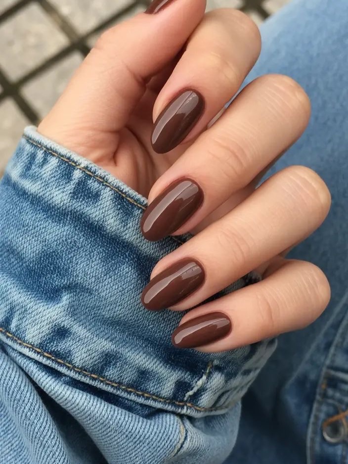 Glossy Deep Chocolate Oval Nails