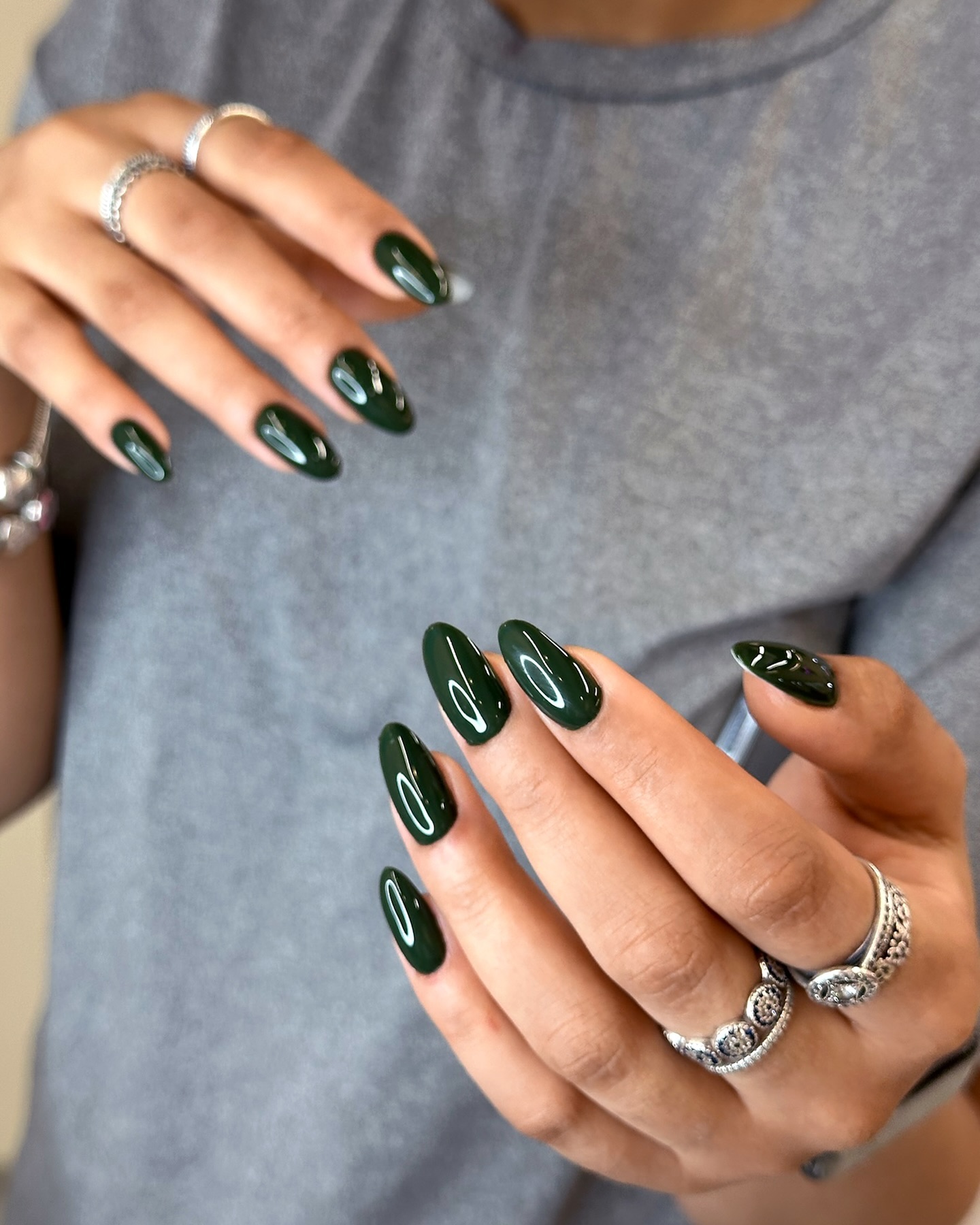 Glossy Deep Forest Green Almond Nails
