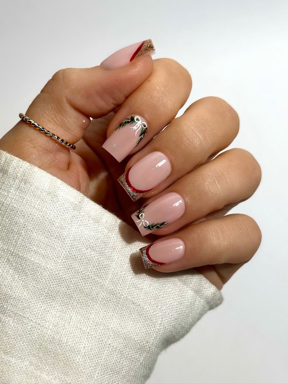 Glossy Festive French Tips With Christmas Bow Art