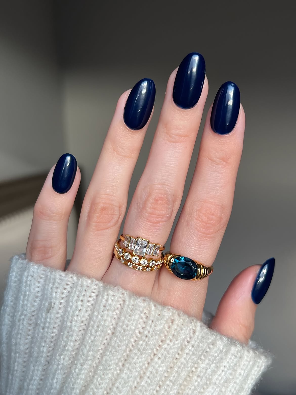 Glossy Midnight Blue Almond Winter Nails