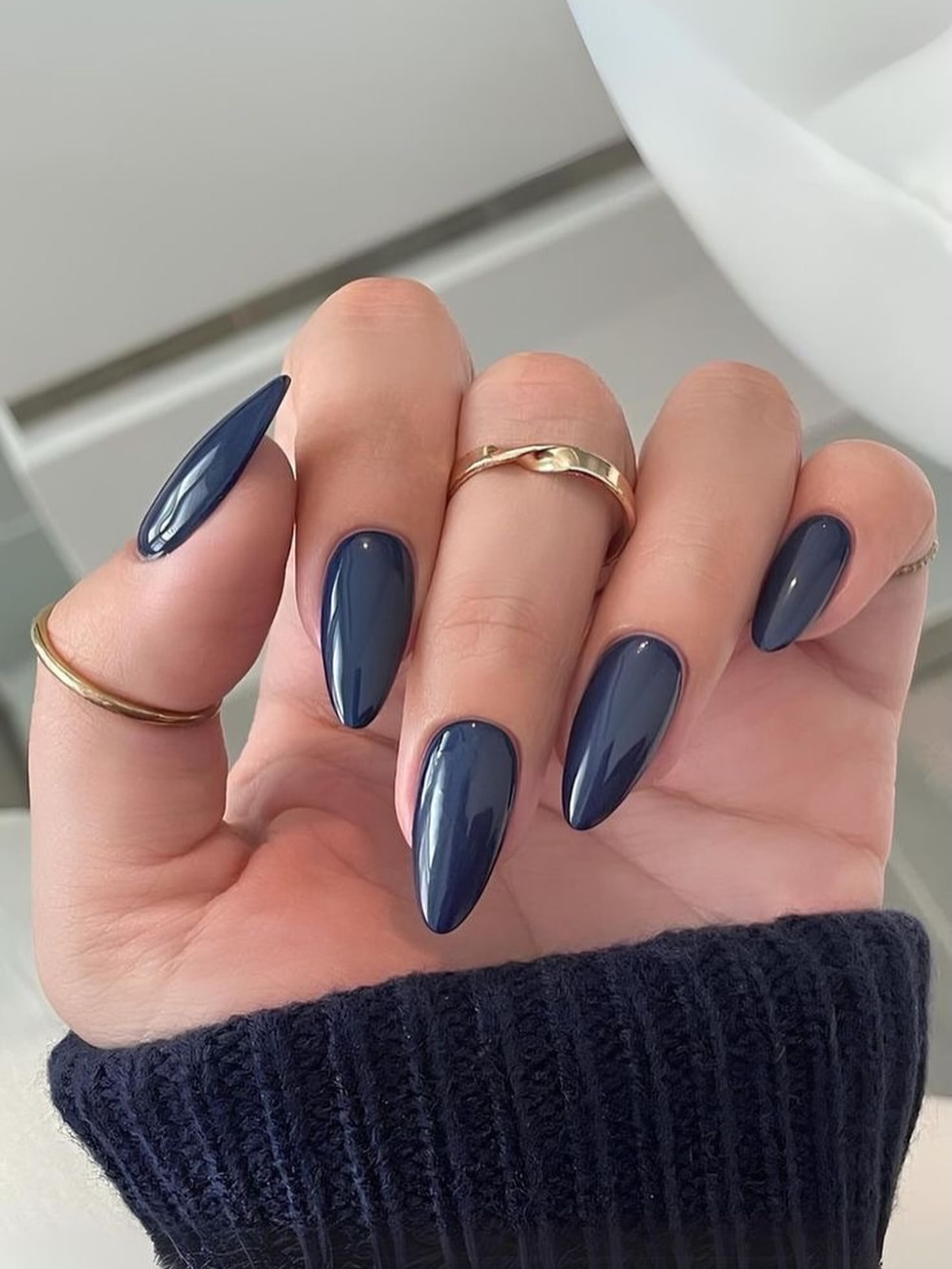 Glossy Midnight Blue Almond Winter Nails