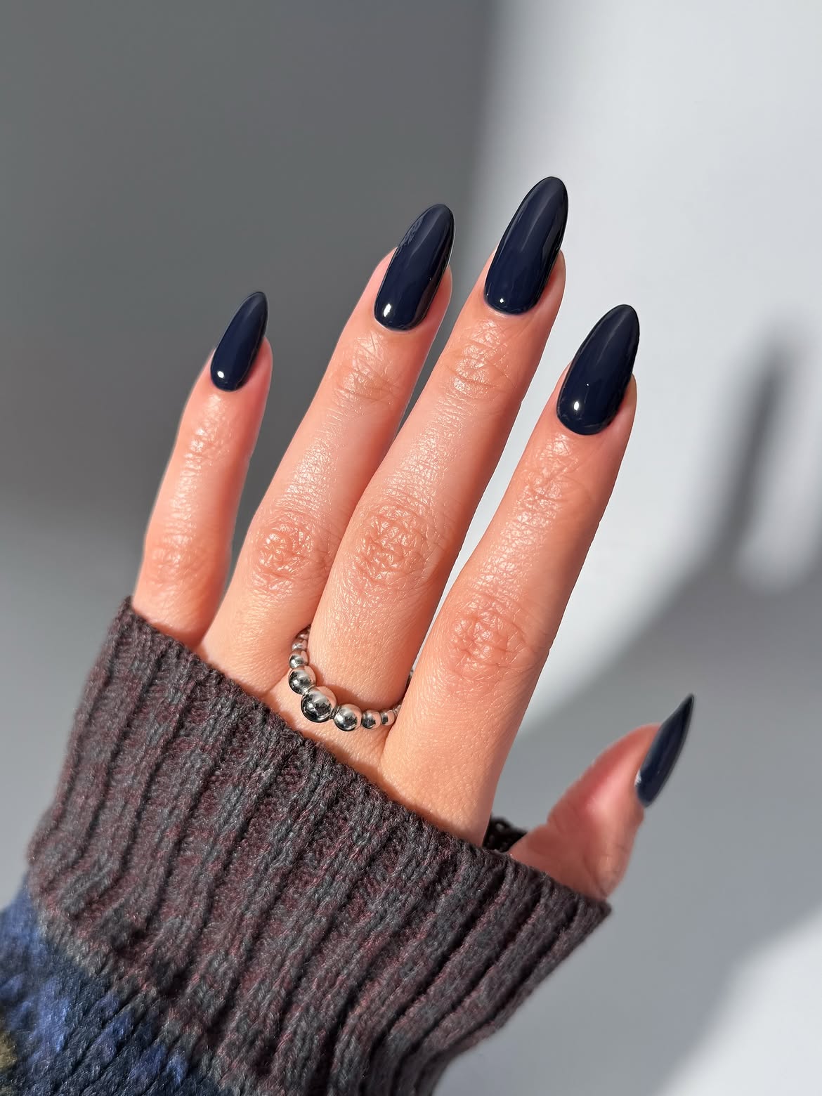 Glossy Midnight Navy Blue Almond Winter Nails