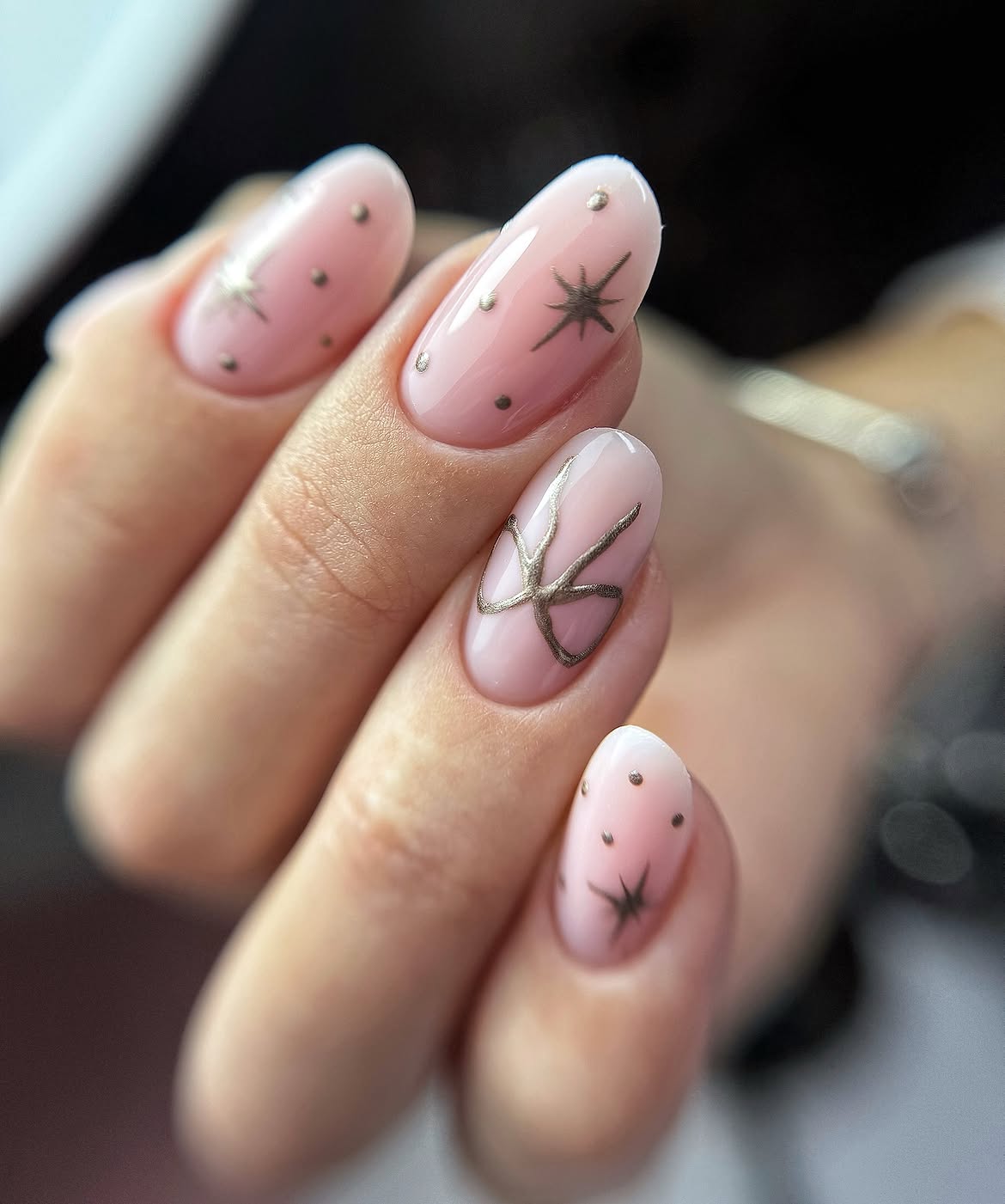 Glossy Milky Pink Almond Christmas Bow Nails