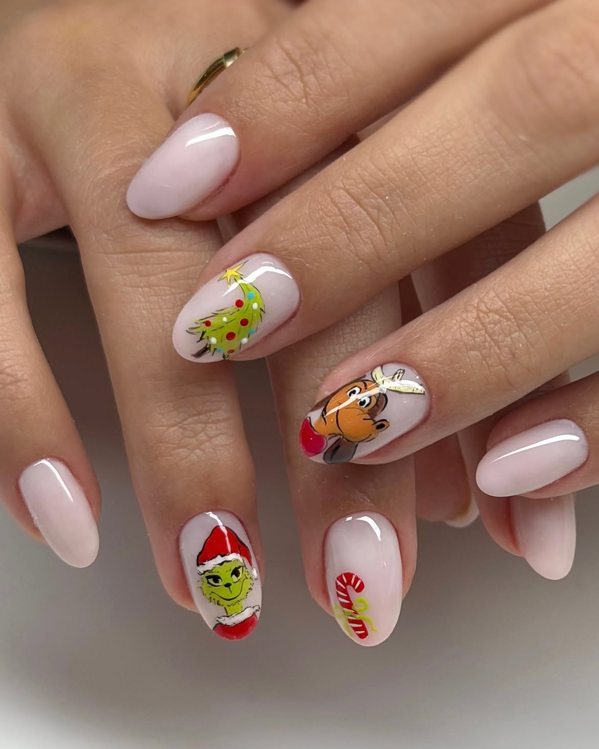 Glossy Milky White Holiday Character Nail Art