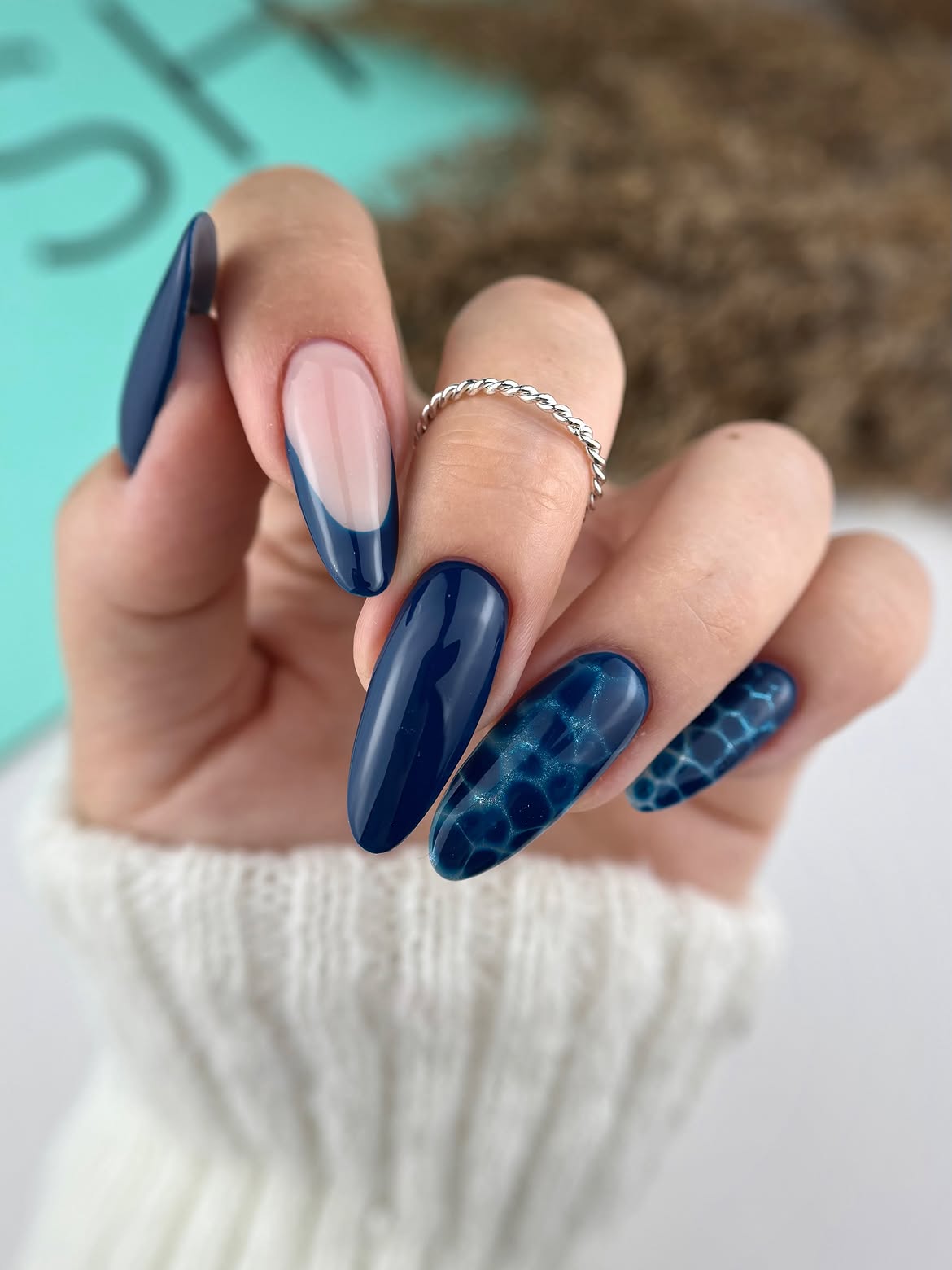 Glossy Navy Blue Ombre French Almond Nails