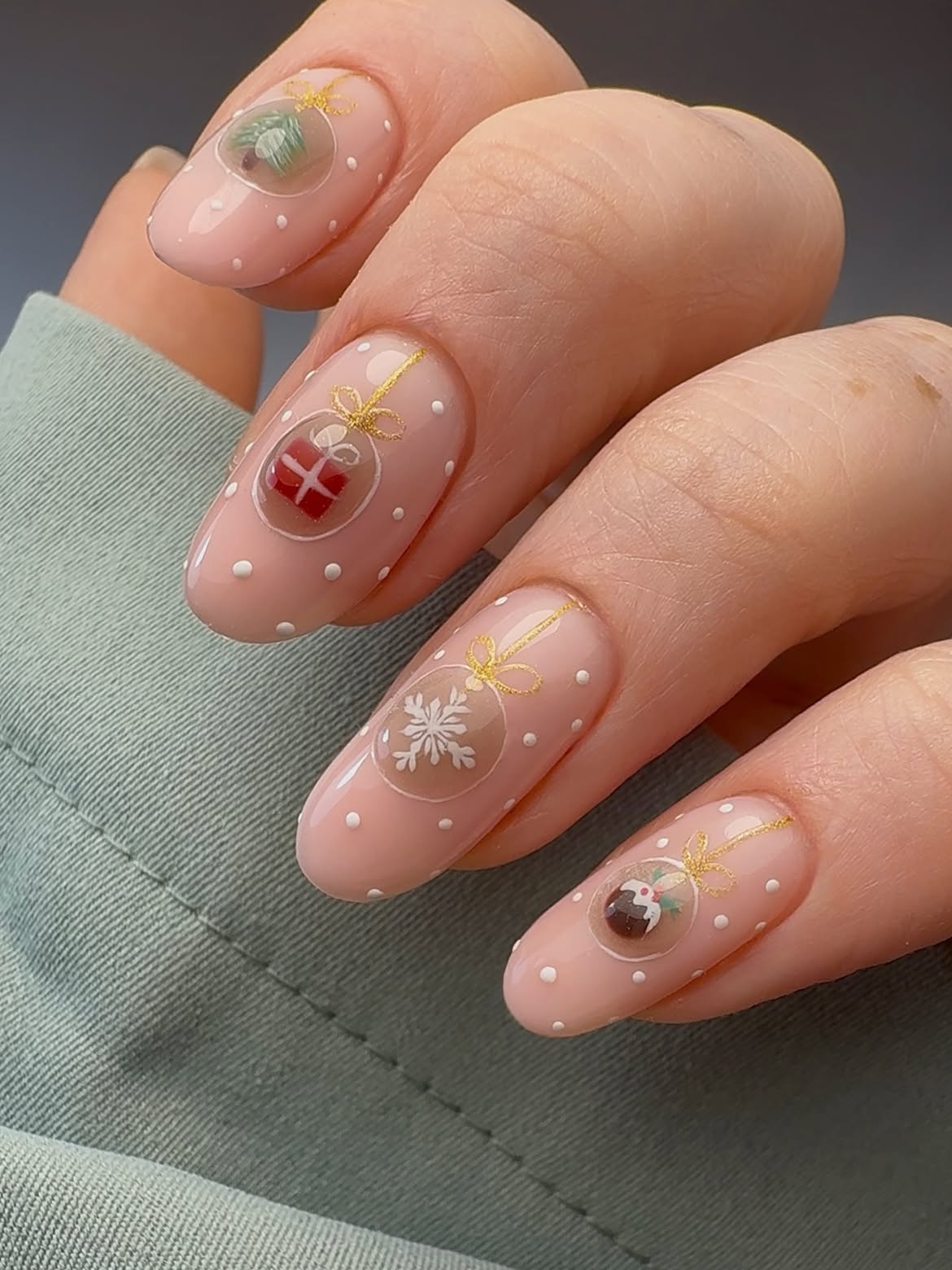 Glossy Nude Christmas Ornament Art Nails