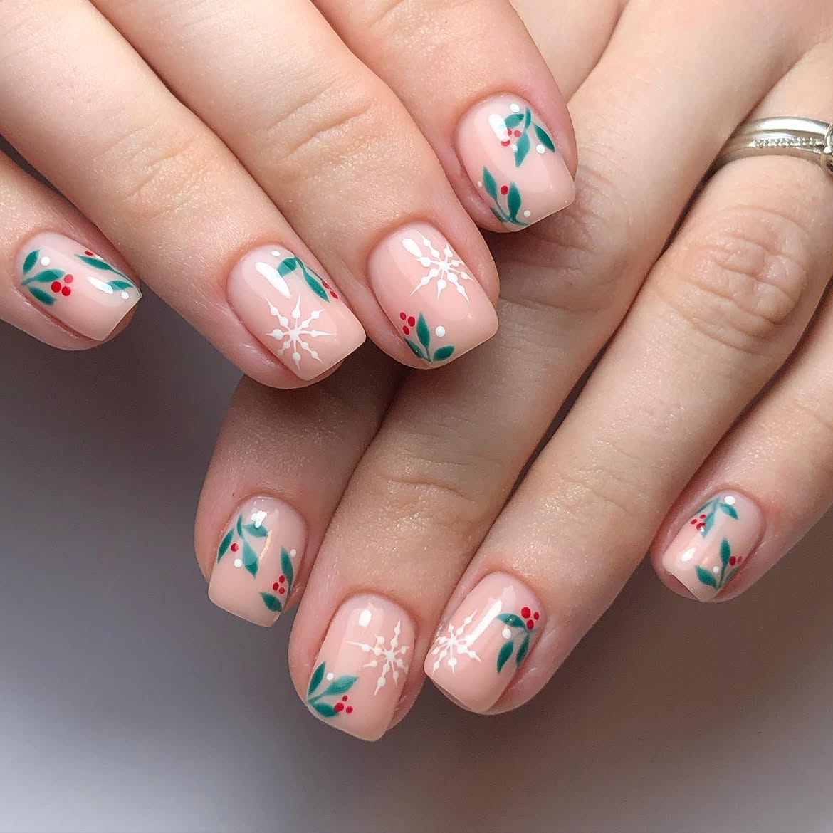 Glossy Nude Nails With Hand Painted Christmas Holly