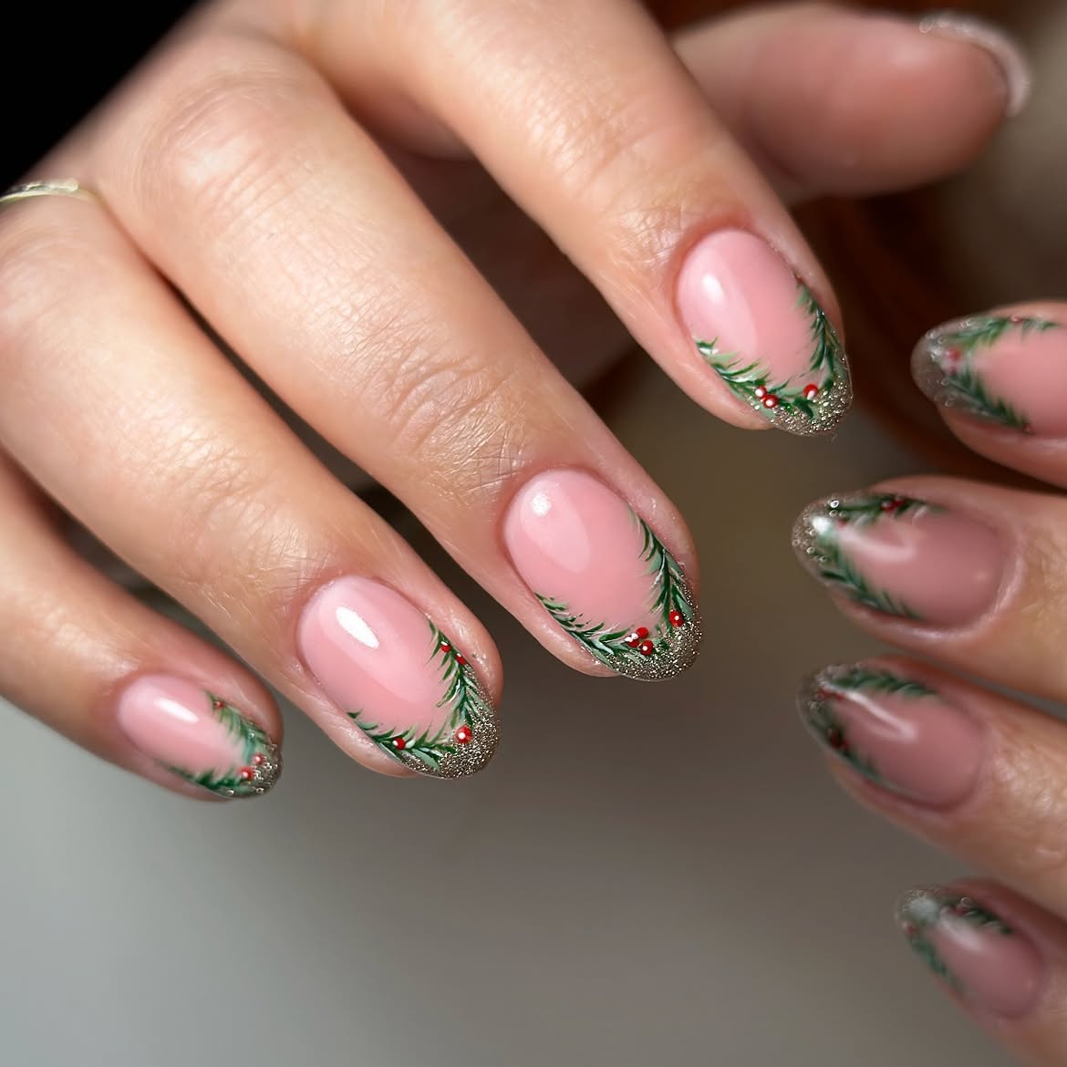 Glossy Nude Nails With Hand Painted Christmas Wreath Tips