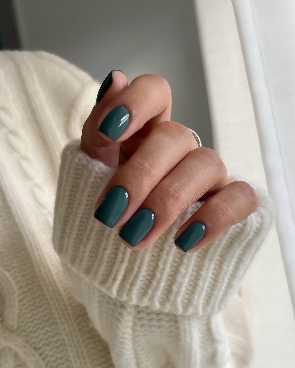 Glossy Pine Green Square Winter Nails