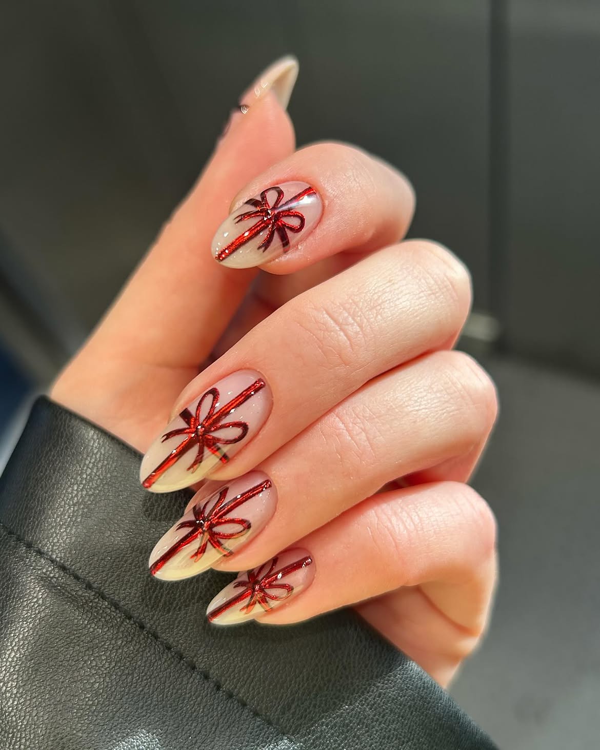 Glossy Red 3D Bow Almond Nails