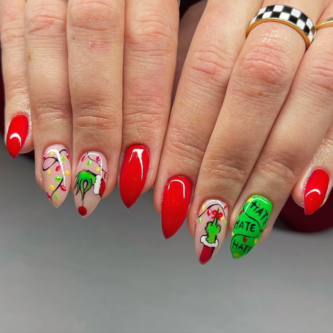 Glossy Red And Grinch Christmas Light Nails