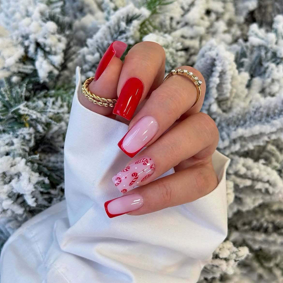 Glossy Red Candy Cane French Square Nails