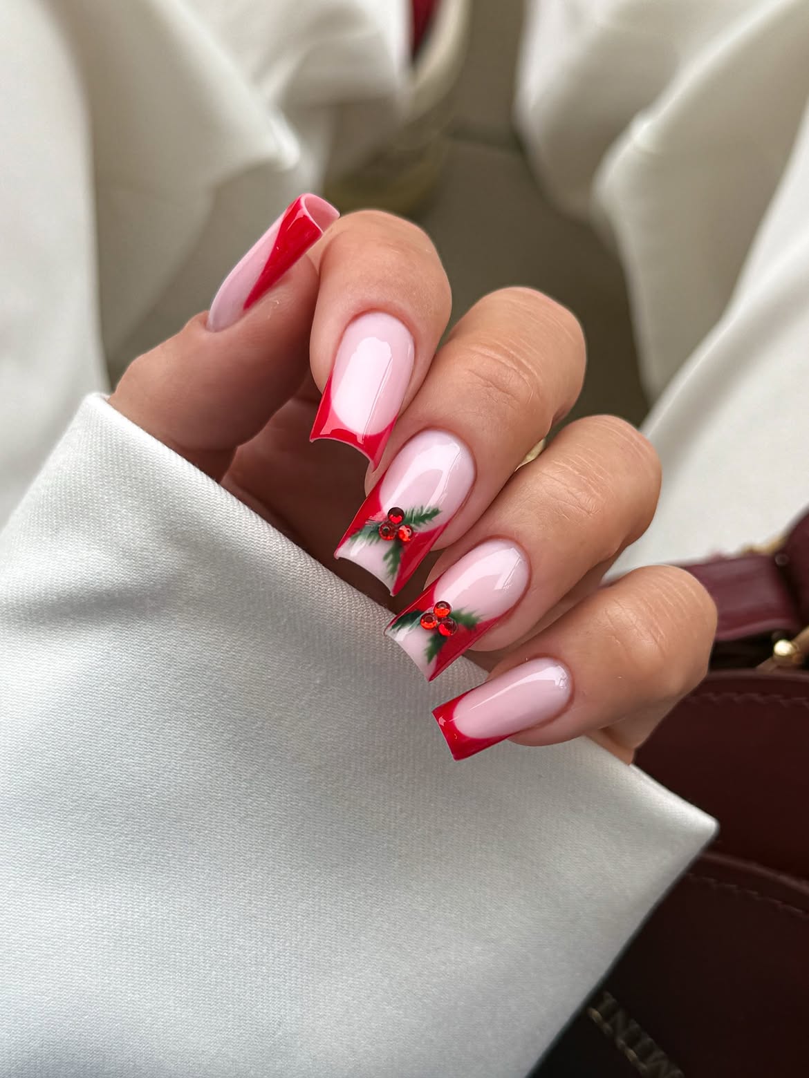 Glossy Red French Tips With Holiday Holly Art