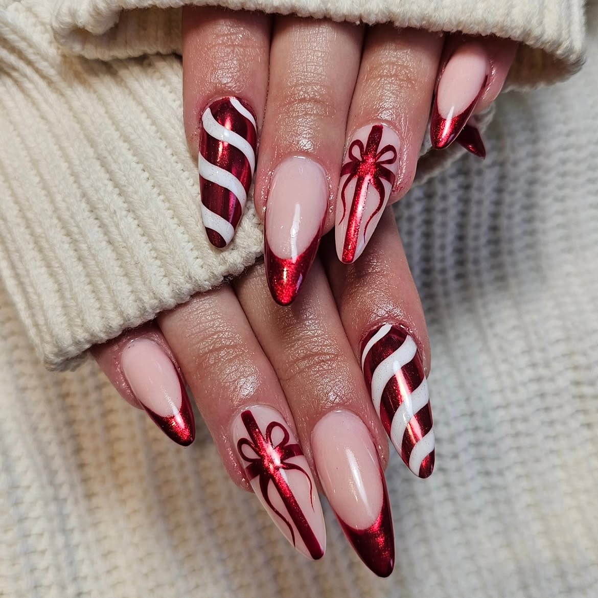 Glossy Red Metallic Candy Cane Almond Nails