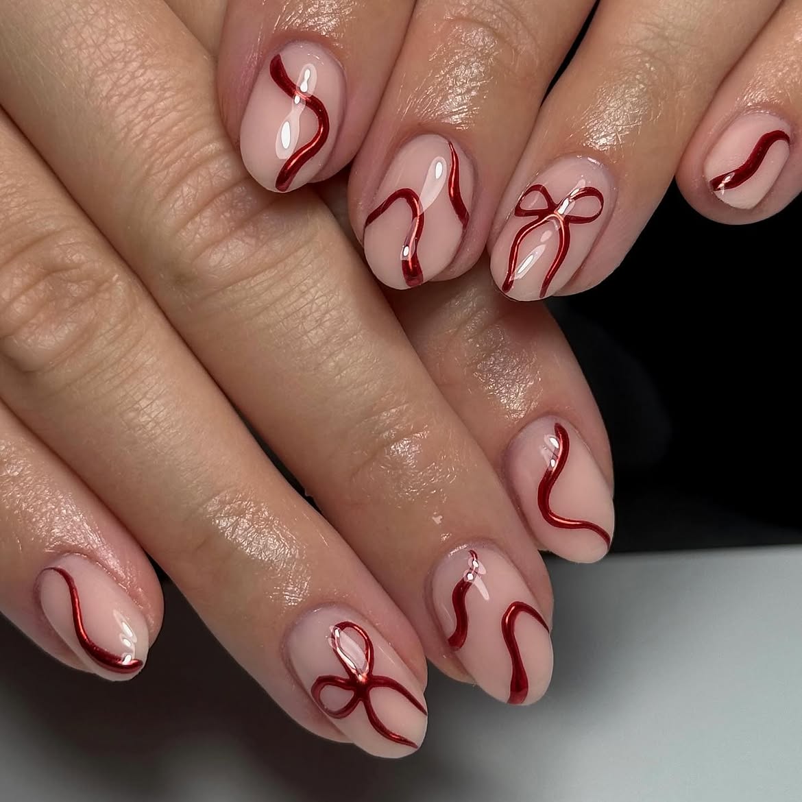 Glossy Red Ribbon Bows on Milky Base Short Nails